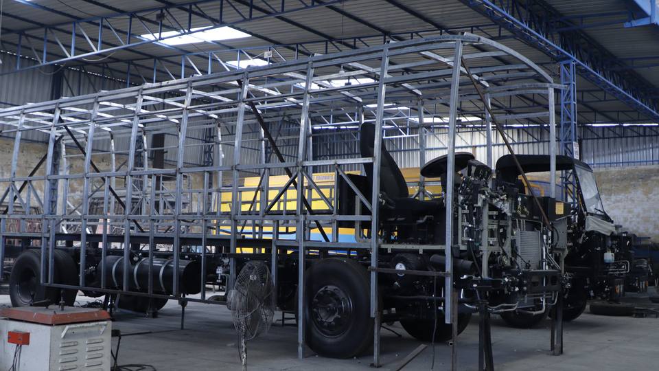 GP-tube bus body structure on a chassis at Gobind Coach