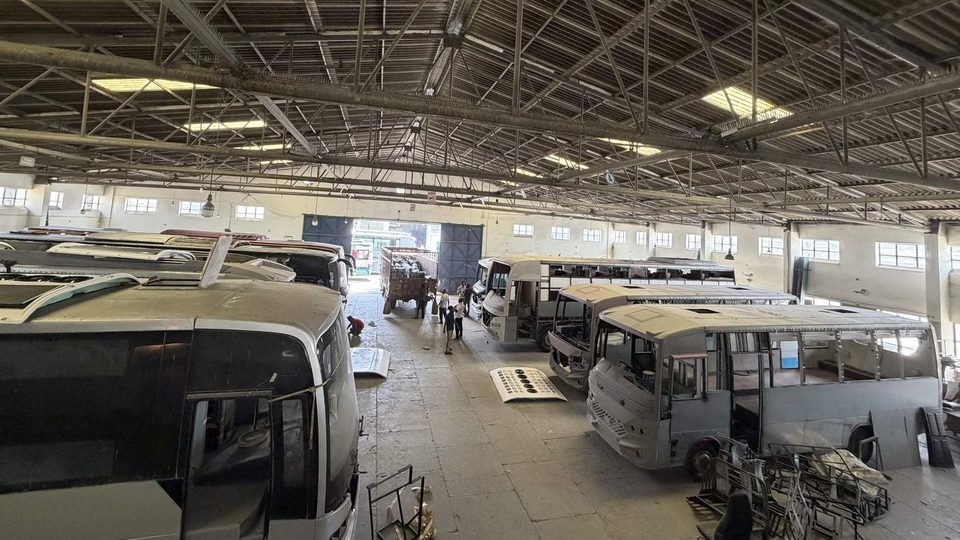 Bus bodies being built on the Gobind Coach assembly floor in Bhadaur, Punjab