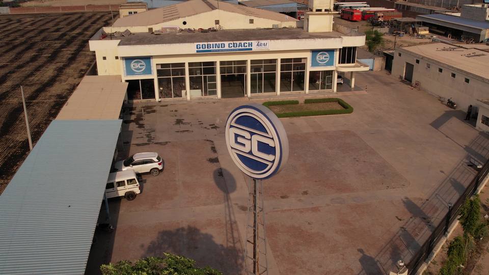 Drone view of the Gobind Coach plant and GC sign