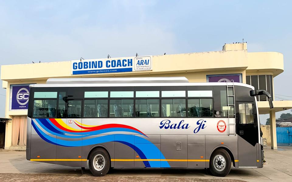 Tourista coach parked outside the GOBIND COACH ARAI approved plant
