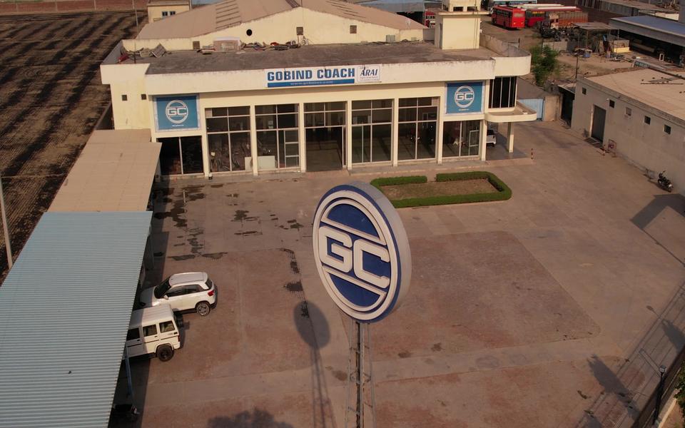Drone view of the Gobind Coach plant and GC sign at Bhadaur, Barnala